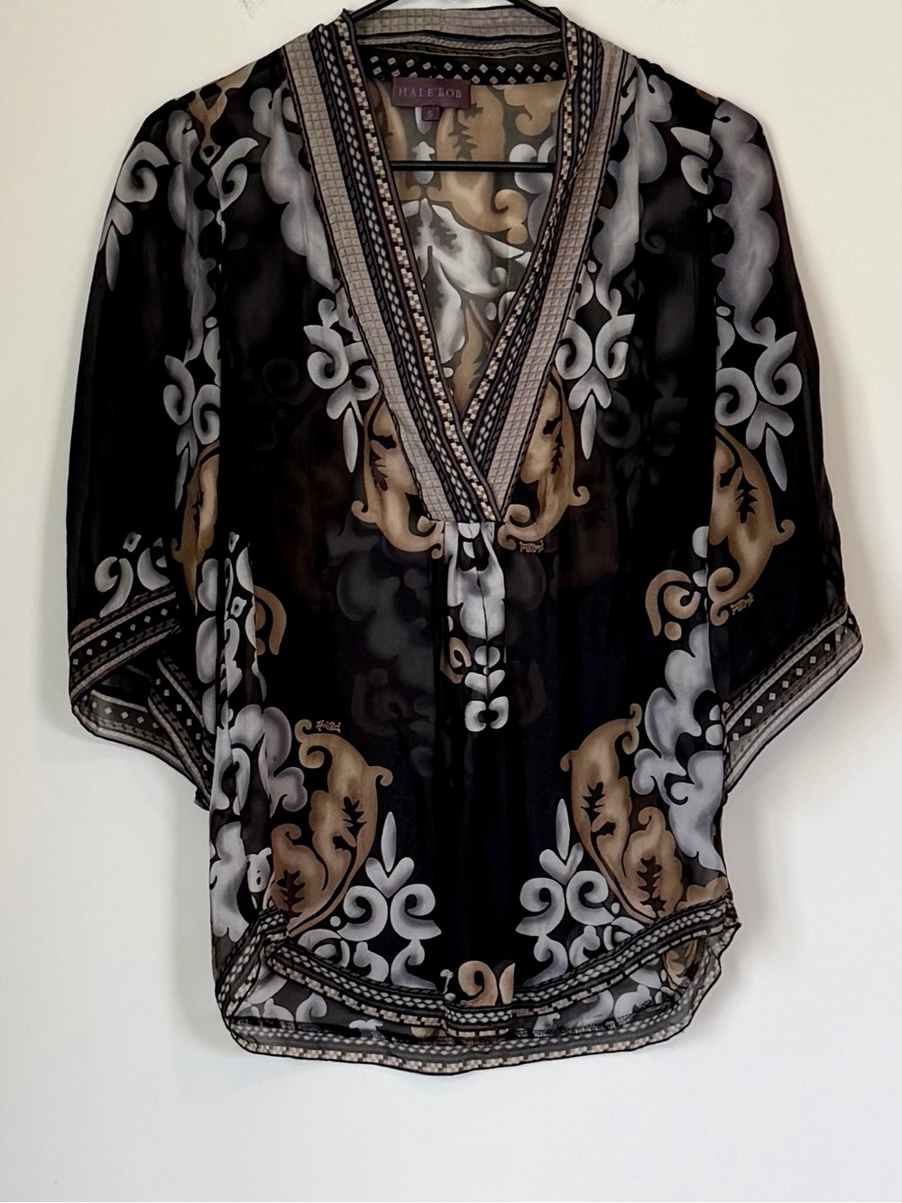 Hale Bob Black, Taupe and Gray Sheer Printed V-Neck 100% Silk Blouse - Small